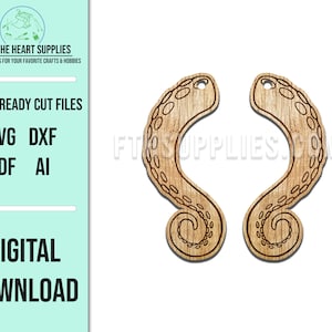 May include: Two laser cut wooden octopus tentacle shapes. The tentacles are curled and have suction cups. The wood is a light brown color.