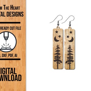 Tree and Moon Earrings SVG Cut File, Pine Tree Glowforge Laser SVG, Laser Cut File, Laser Earring File, Night Sky Earrings