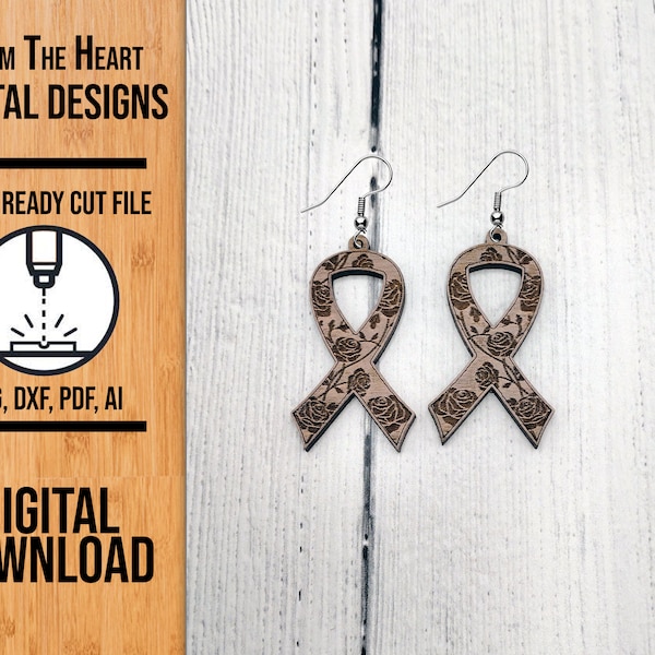 Rose Awareness Ribbon Earring SVG Laser Cut File, Awareness Ribbon Glowforge Earrings, Laser Cut File, SVG Cut File, Earring File