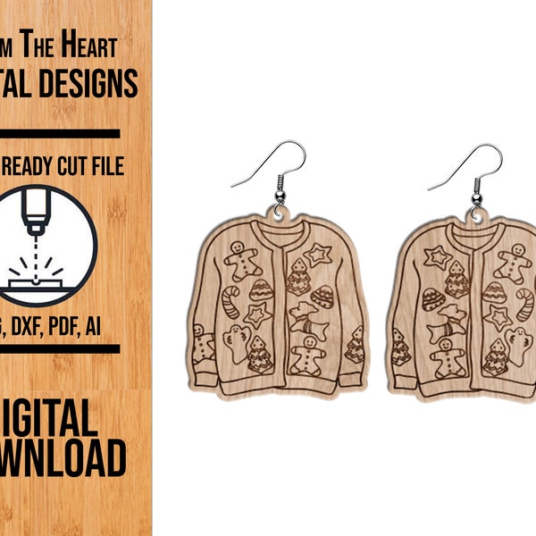 Ugly Christmas Sweater Earrings SVG Cut File, Ugly Sweater Glowforge Laser SVG, Laser Cut File, Laser Earring File, Christmas Earrings