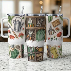 Watering can trowel spade gardening gloves hand fork garden toolkit floral design 40oz sublimation tumbler wrap