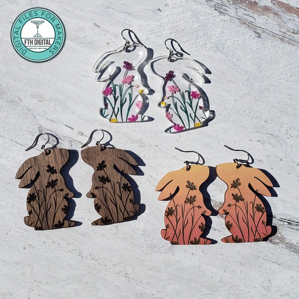 Wildflower Bunny Earring Laser Cut SVG File, Wildflower Bunny Glowforge Earring Cut File, Laser Cut SVG