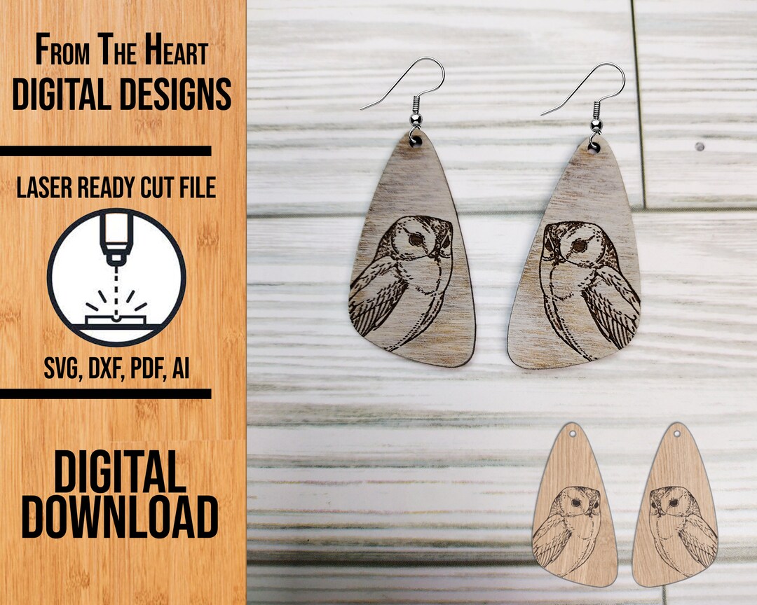 Owl Earring SVG Laser Cut File, Owl Wooden Earrings, Glowforge Earring