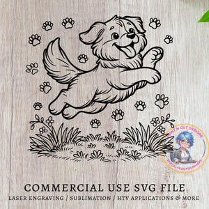 Playful Jumping Puppy with Paw Prints SVG File Design Element