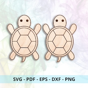 Puede incluir: Dos formas simples de tortuga de madera sin terminar con un patrón hexagonal en sus caparazones. Las tortugas se miran y tienen ojos pequeños y redondos.