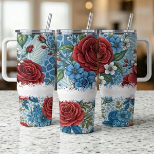 Floral 40oz Tumbler Wrap: Roses & Blue Flowers (PNG Digital Download)
