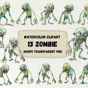 Watercolor Zombie Clipart Bundle, Halloween Watercolor Clipart, Transparent PNG, Sublimation, POD