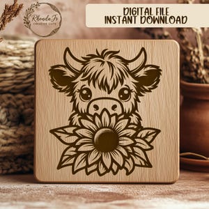 Vaca de las Tierras Altas SVG, archivo SVG de girasol para grabado láser, SVG de animales de granja, clipart de vaca linda, diseño floral de vaca, descarga digital