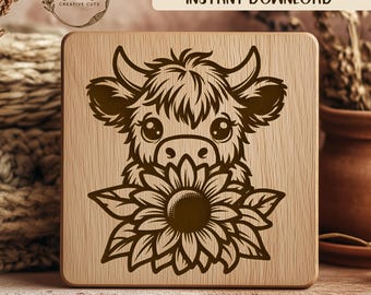 File SVG di mucca delle Highlands, file SVG di girasole per incisione laser, file SVG di animali da fattoria, clipart di mucca carina, disegno floreale di mucca, download digitale