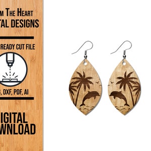 Fichier de boucle d'oreille découpé au laser dauphin & palmier - SVG, DXF, AI | Création de bijoux de plage pour fabricants de bijoux laser
