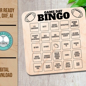 Game Day bingo lasergesneden bestand, SVG-bestand, voetbal bingospel gesneden bestand, Glowforge-laserbestand, lasergesneden bestand, digitaal voetbalbingo-bestand