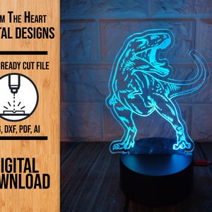 Luz noturna acrílica iluminada com borda de dinossauro, arquivo de corte a laser SVG, arquivo de luz Glowforge, luz noturna SVG, luz noturna de dinossauro, luz LED