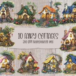 Fairy Cottages Clipart Bundle, 10 Fairy Homes PNG, Magical Cottage Illustrations, Fantasy Fairy House Digital Download, 300 DPI