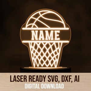 Basketball personalisierte Rand beleuchtet Acryl Nachtlicht SVG Laser geschnitten Datei, Glowforge Lichtdatei, Nachtlicht SVG, Goldfischglas Nachtlicht