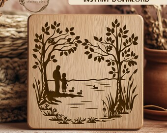 Father and Daughter SVG Laser Engraving File, Ducks Lake Scene, Vector Art, Family Engrave, Wood Cut File, Cricut Silhouette, Glowforge