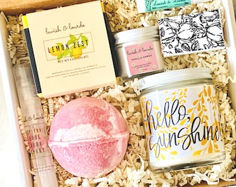 Box of Sunshine Soy Candle Care Package, Spa Gift Box,  Friendship Gift, Thinking of you, Positive Vibes