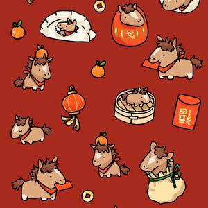 May include: A red background with cartoon illustrations for Lunar New Year. The image includes cartoon horses, dumplings, oranges, lanterns, and gold coins. Text at the top reads "happy lunar new year!" and the artist's name is included.