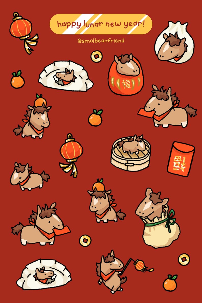 May include: A red background with cartoon illustrations for Lunar New Year. The image includes cartoon horses, dumplings, oranges, lanterns, and gold coins. Text at the top reads "happy lunar new year!" and the artist's name is included.
