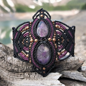 Catori collection. Handmade Macrame Beaded cuff Bracelet . Natural gemstone crystal stone Tribal Psy