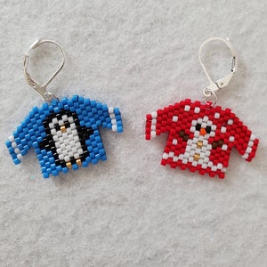 Christmas Sweater Earrings, Holiday Earrings, Miyuki Seed Bead Earrings, Earrings, Snowman Earrings, Penguin Sweater Earrings