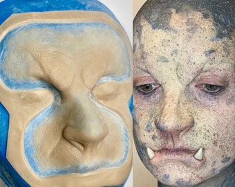 May include: A close-up of a silicone mold for a prosthetic face. The mold is blue and has a detailed impression of a face with a large nose and prominent cheekbones.