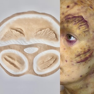 May include: A silicone mold with three different designs for creating special effects makeup. The mold features a leaf, two lines, and two curved shapes. The image also shows a person's face with the makeup applied.