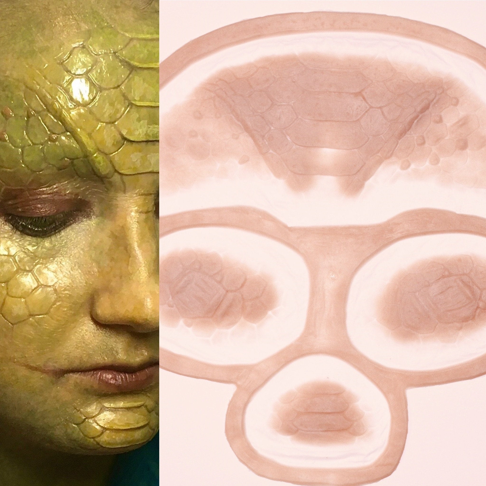 Snake scales/reptile forehead, cheeks and chin Prosthetic, SFX Makeup, silicone appliance, halloween, special effects, cosplay, LARP