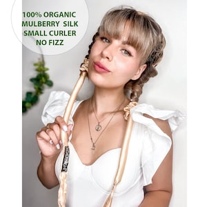 SMALL heatless curler, organic Mulberry silk long overnight hair curls w bow, kid curling ribbon, slim mini tie no heat rod,mothers day gift