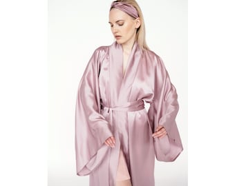 Silky kimono Japanese style sleeves ,silk maxi dressing gown Robe Belt, one size long boho bride bridesmaid Loungewear gift for her