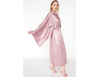 Pure Mulberry silk kimono sleeves Japanese style, maxi dressing gown Robe Belt, one size long boho bride bridesmaid Loungewear gift for her