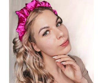 Bandeau couronne scrunchy en soie véritable de mûrier, diadème scrunchie froncé soyeux rose, bandeau de cheveux lumineux maman et fille, bandeaux de fête de courses de mariage