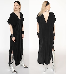 Black Silk Cupro Kaftan Dress, one size solid V-neck loose fit maxi modest dresses, zero waste long caftan, boho vegan evening gown