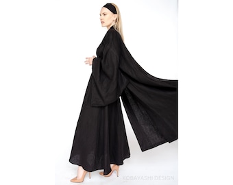 Linen kimono Japanese style kimono sleeves, maxi over coat with Belt, long boho Robe organic flax bathrobe woman,Loungewear gift for her