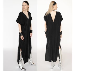 Schwarzes Seiden Cupro Kaftan Kleid, eine Größe fester V-Ausschnitt locker sitzende Maxi Kleider, Zero Waste lange Kaftan, Boho Vegan Abendkleid