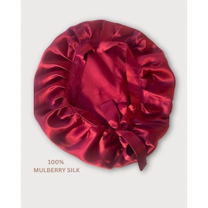 Pure Silk bonnets, Luxury 22MM 100% Mulberry silk sleep bonnet, Comfy adjustable sleeping night cap with tie and elastic,Damage free hair Ruby red