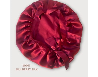 Pure Silk bonnets, Luxury 22MM 100% Mulberry silk sleep bonnet, Comfy adjustable sleeping night cap with tie and elastic,Damage free hair