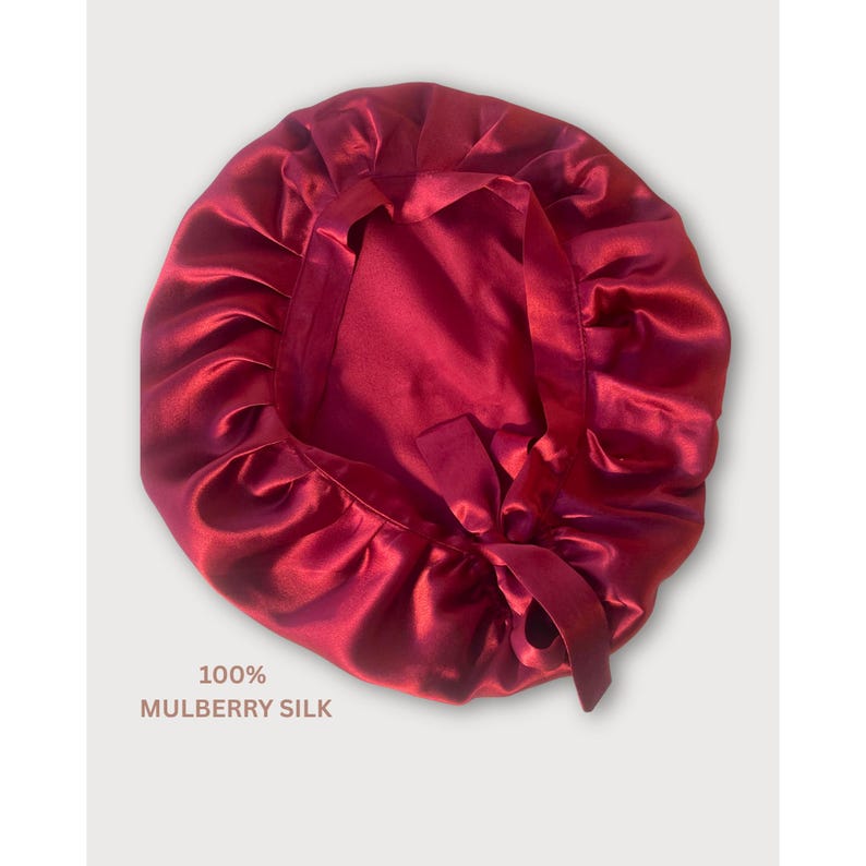 Pure Silk bonnets, Luxury 22MM 100% Mulberry silk sleep bonnet, Comfy adjustable sleeping night cap with tie and elastic,Damage free hair Ruby red
