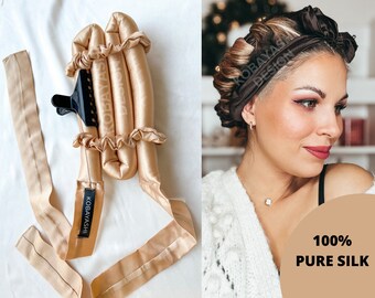 100% Mulberry Silk heatless hairband curl ribbon curler, long soft overnight no -hear hair ,Organic silk curling ribbon set, beach waves