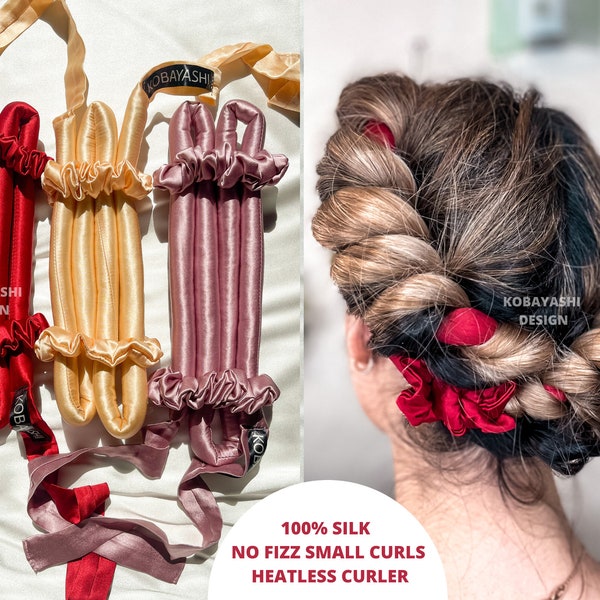 SMALL silk heatless curl hair curler ribbon SET, slim mini tie short hair kids no heat hair ribbon curler kit w Scrunchies, gift for her