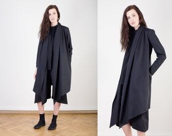 Black asymmetrical  jacket, Spring coat, black minimalist coat, midi length jacket, Cotton Trench, Asymmetrical Coat