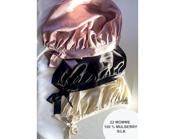 Mulberry Silk sleep bonnets with tie, pure Silk hair bonnet sleeping night cap, 22 MM adjustable sleep bonnet, healthy hair