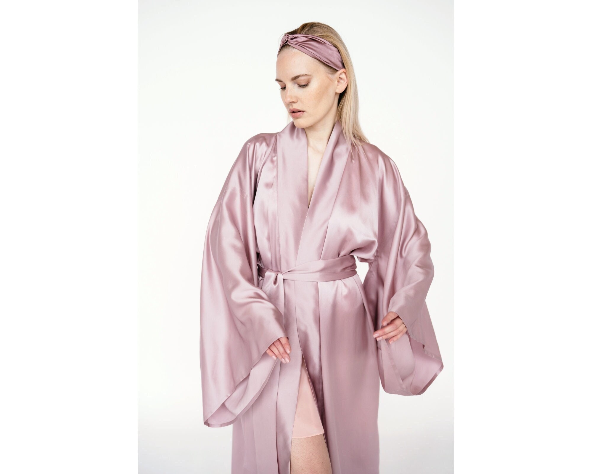 Silky kimono Japanese style sleeves,silk maxi dressing gown Robe Belt, one size long boho bride bridesmaid Loungewear gift for her