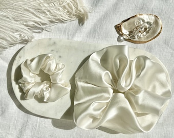 Pure Silk jumbo scrunchie, ,white wedding Bride proposal Mulberry silk scrunchies, Oversize Silky scrunchy, extra large silk Hair Tie gift