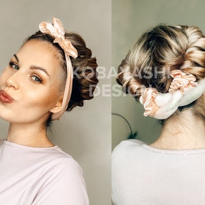 Pure silk Heatless curls hair curling ribbon w bow, long overnight curler kit w silk Scrunchy, no fizz beachy wave set, perfect gift for her