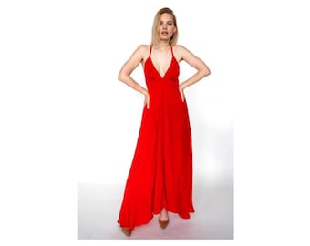 Red Infinity Maxi Dress, Backless Multiway Cupro Dress, Vegan Silk Maternity Summer Gown, Sleeveless Loose Fit Beach Dress