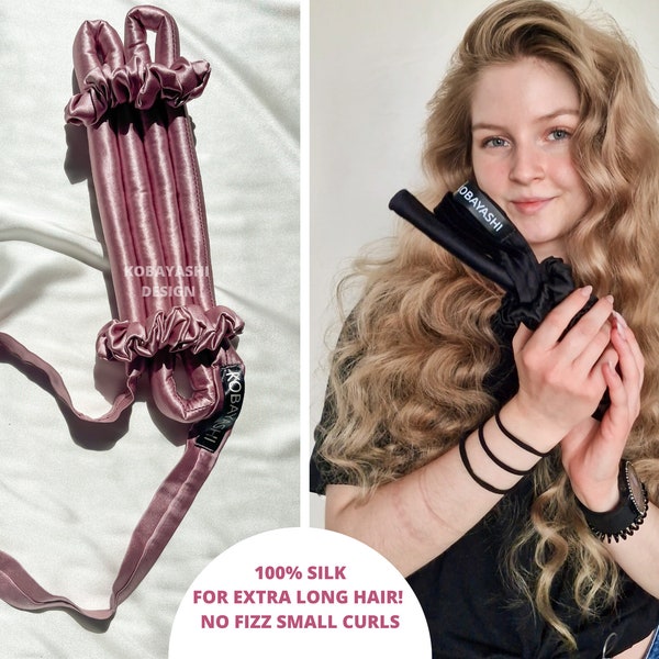 EXTRA LONG small heatless curl curler for very long hair, Mulberry silk hair curling ribbon SET, tight curls mini tie ,no heat hair wand