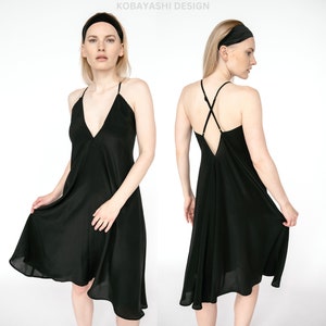 Pure Mulberry silk crepe slip nightdress, Open Back short Lightweight & Semi-Sheer Sleep Dress, matte black nightgown knee length