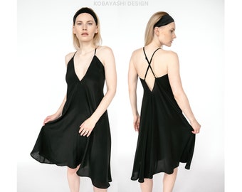 Pure Mulberry silk crepe slip nightdress, Open Back short Lightweight & Semi-Sheer Sleep Dress, matte black nightgown knee length