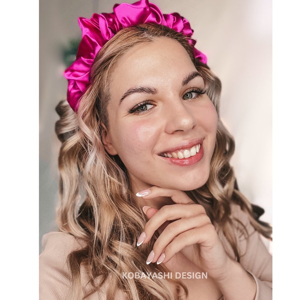 Fascia per capelli con corona scrunchy in vera seta di gelso, diadema scrunchy increspato rosa setoso, fascia per capelli luminosa per mamma e ragazza, fasce per feste per gare di matrimonio