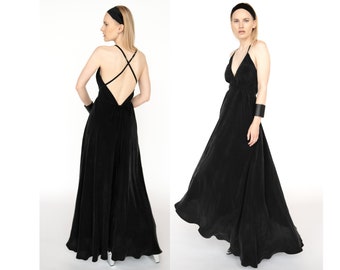 Black silk open Back long dress, elegant backless one size maxi cupro dress, multiway evening gown, naked back boho silky party dress